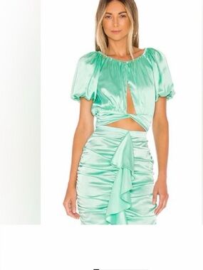 For Love & Lemons Mint Satin Midi Skirt with Ruffle Detail